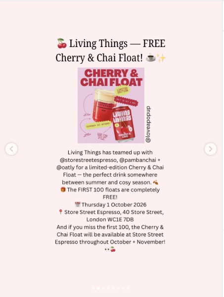Living Things x Store Street Espresso: Free Cherry & Chai Float